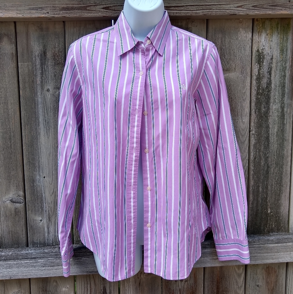 Ralph Lauren Lavender Striped Button Down SZ M